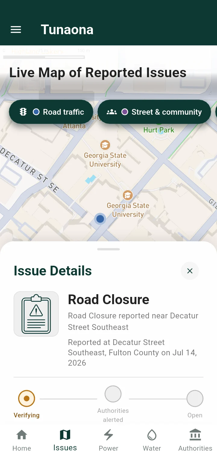 Tunaona app: a Road Closure report open on the map, showing where and when it was reported and its progress from Verifying to Authorities alerted to Open.