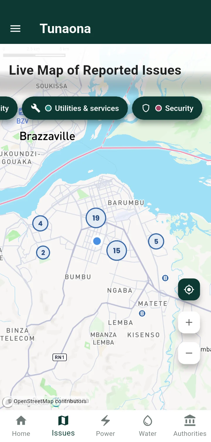 Tunaona app: the live map of reported issues over Kinshasa, with numbered clusters of reports and filters for issue categories such as utilities and services, and security.